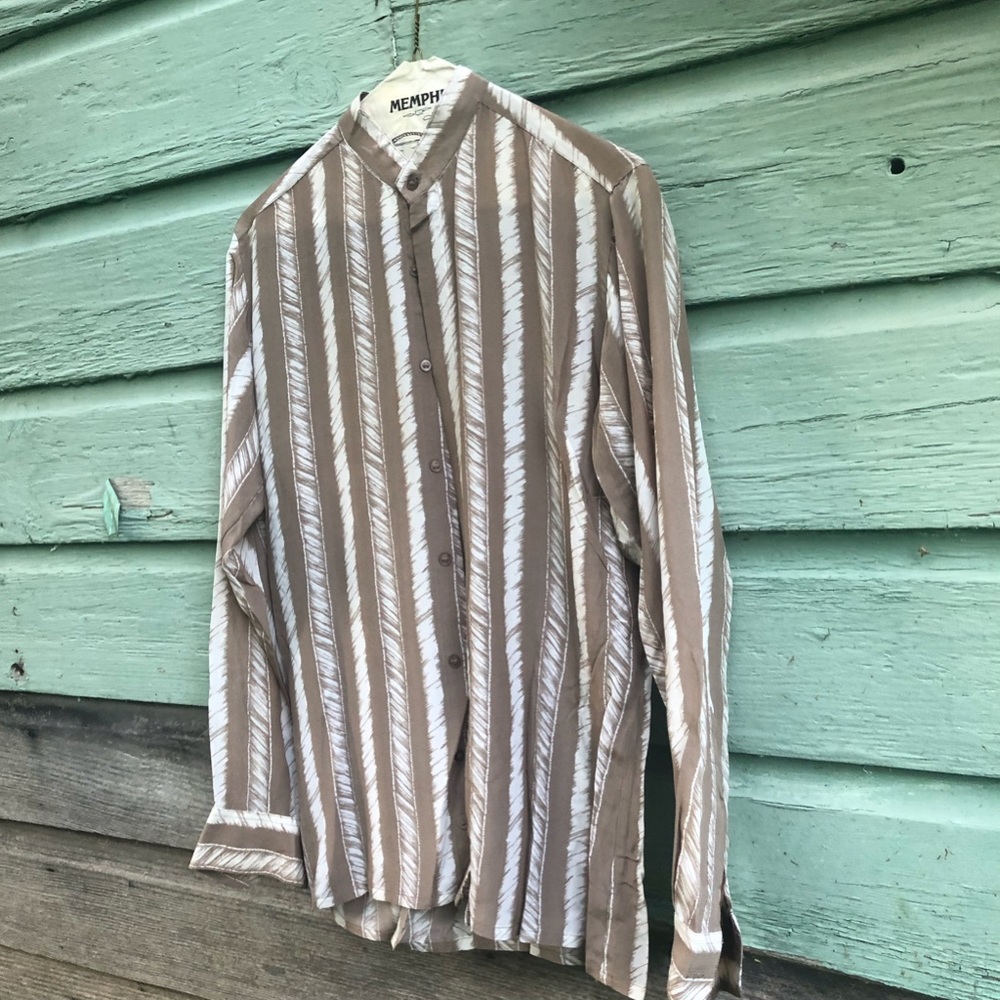 Vintage 90s tan and beige vintage stripe silk button down